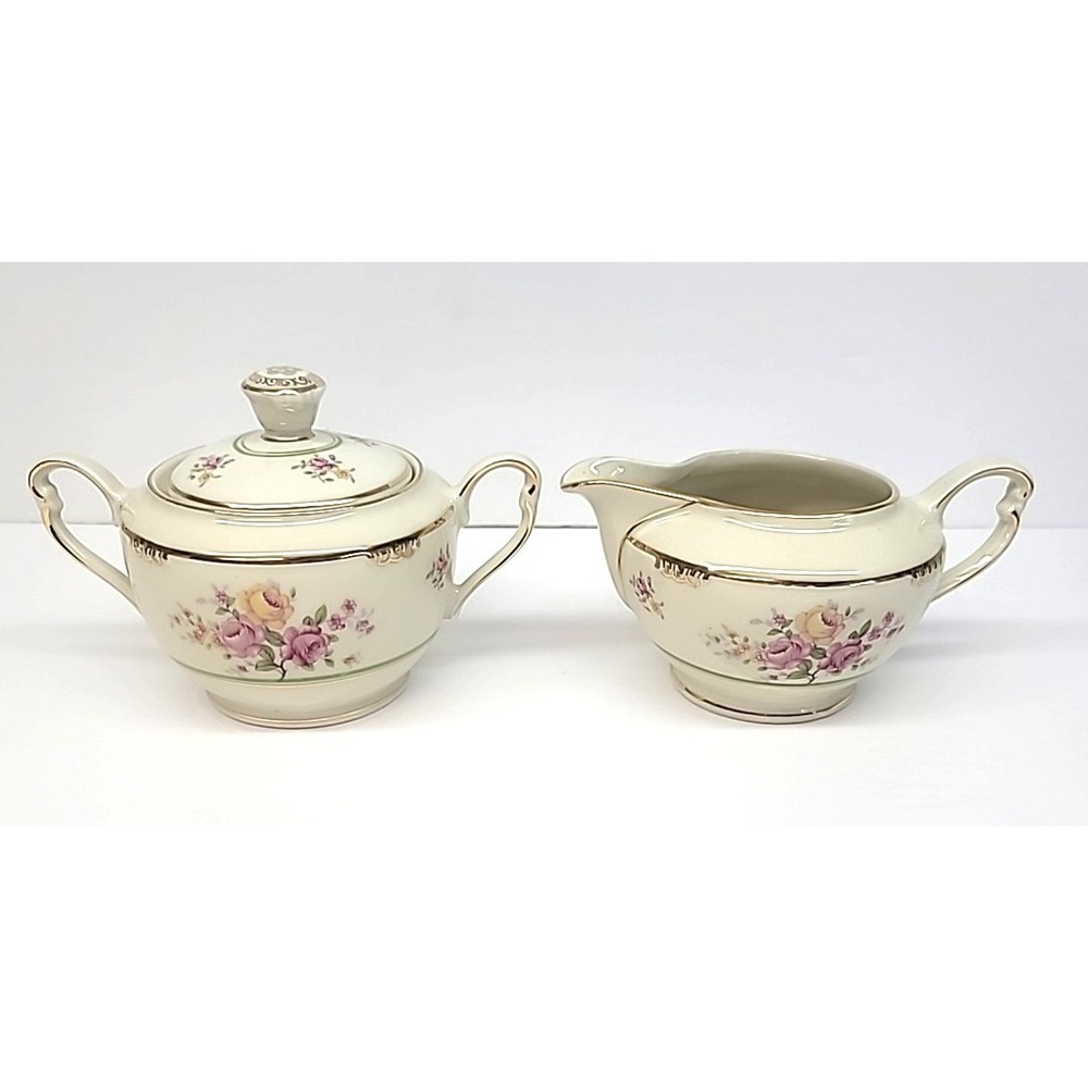 Bavaria Germany US Zone Sugar & Creamer-Ivory w/Pink/Yellow‎ Flowers-Gold Trim
